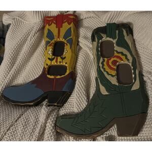 Set Of 2 Wood Cowboy Boot Picture Frames Wall Decor 9’x 12" Floral Western